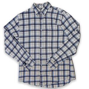 Lands' End Flannel White Blue Plaid Shirt Button-Down Collar Men's Size M Tall
